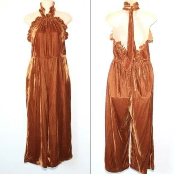 Kristinit Anthropologie Velvet Ruffle Halter Jumpsuit Copper Large H13128 - Picture 10 of 12
